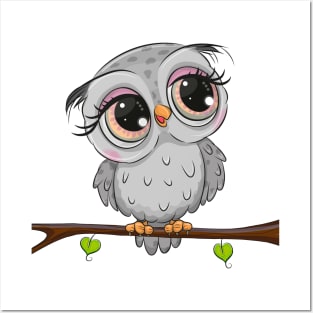 Cute grey owl sitting on a branch Posters and Art